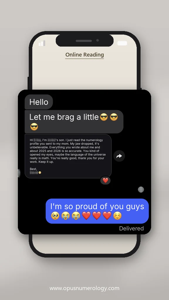 Client review of an Opus numerology reading (message screenshot) – 16 / 38