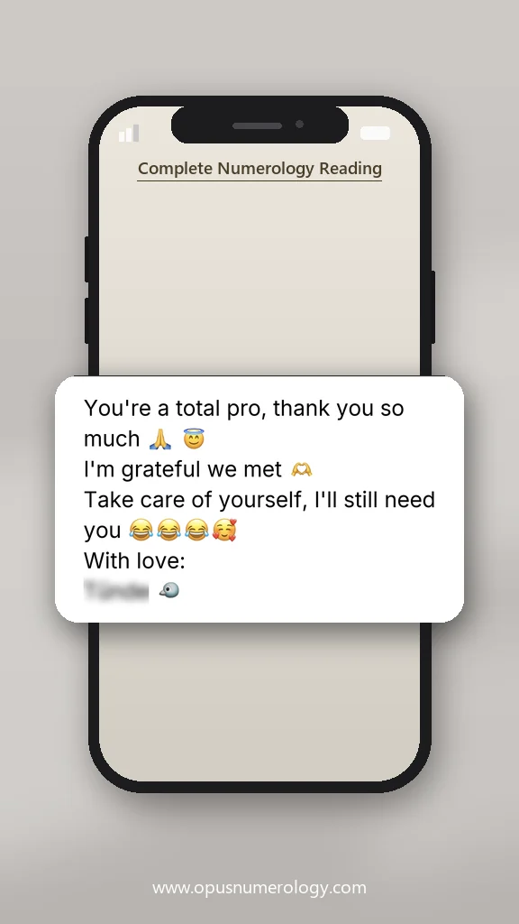 Client review of an Opus numerology reading (message screenshot) – 24 / 38